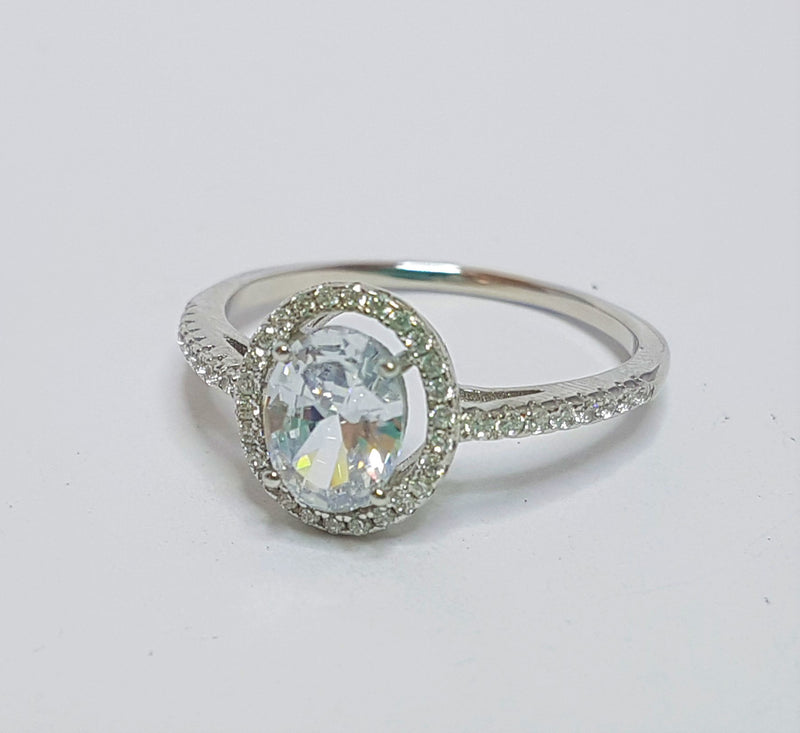 Oval CZ Halo Sterling Silver Ring