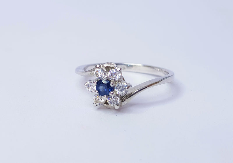 Sapphire and CZ Flower Cluster Sterling Silver Ring