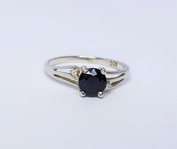 Round Sapphire and CZ Sterling Silver Ring