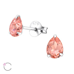 Rose Peach Crystal Pear Sterling Silver Studs