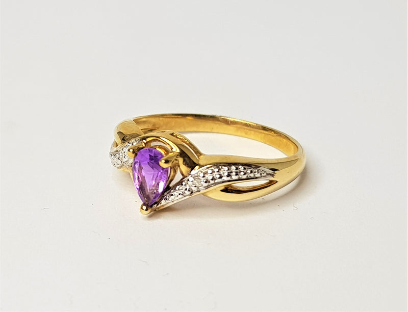9ct Yellow Gold Teardrop Amethyst and Diamond Crossover Ring