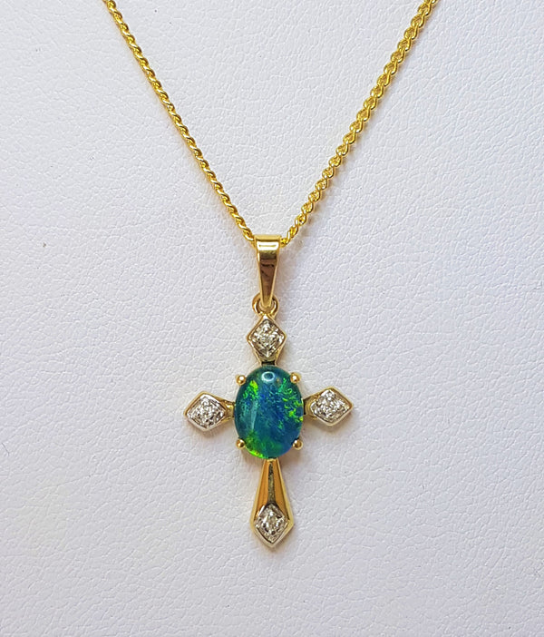 Oval Opal Triplet and Diamond Cross 9ct Yellow Gold Pendant
