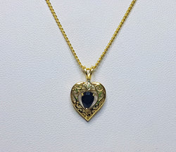9ct Yellow Gold Sapphire and Diamond Filigree Heart Pendant