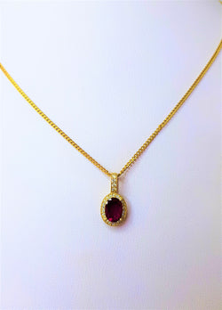 9ct Yellow Gold Oval Ruby with Bead Set Diamond Halo Pendant